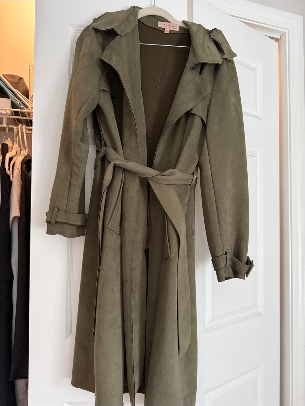 Philosophy Olive Trench Coat with Self-Tie Belt